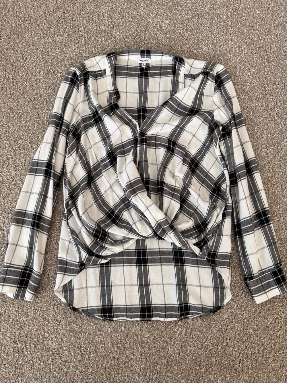Splendid Black & White Plaid Twist-Front Button Down Top